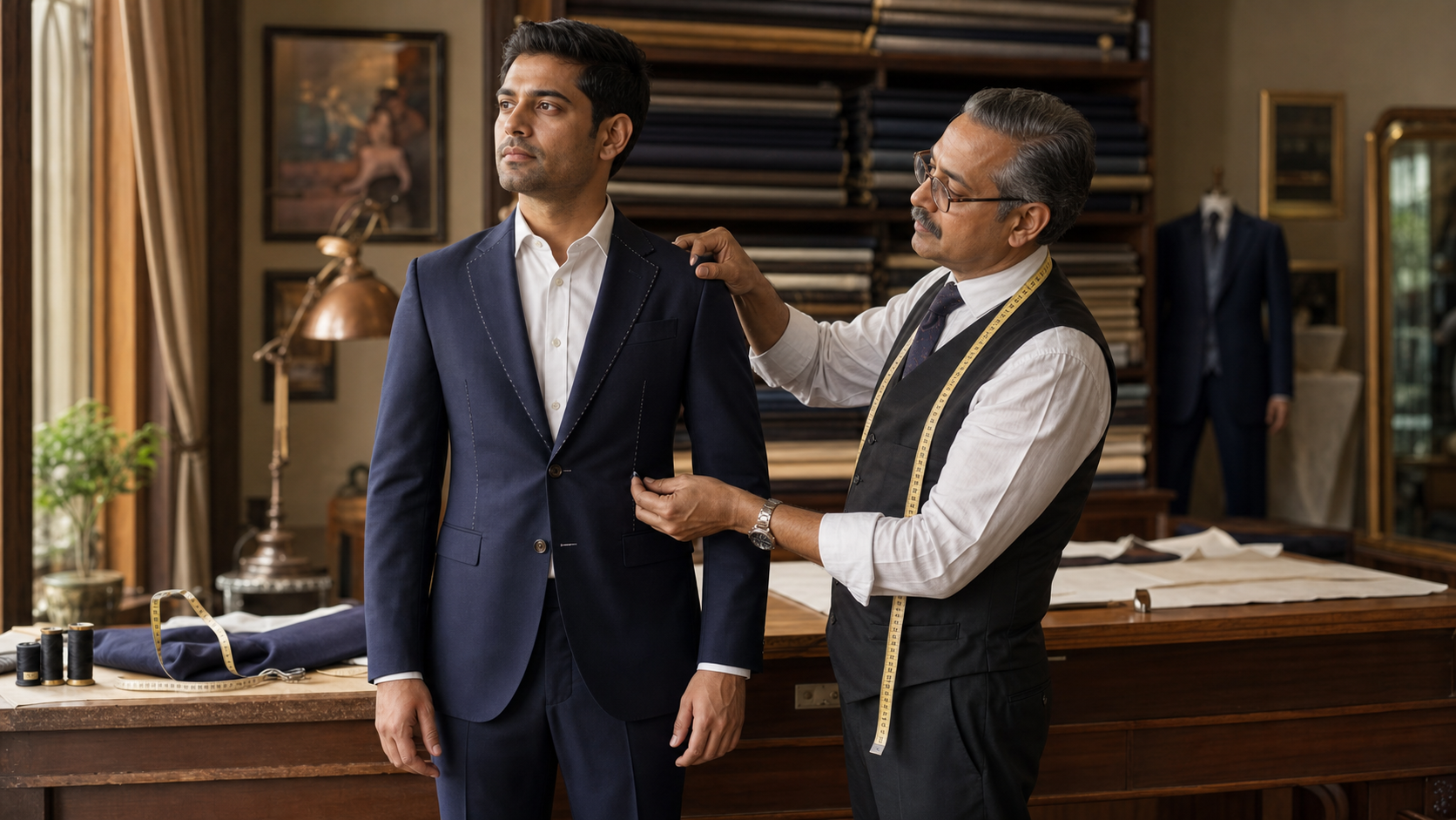 Master tailor fitting a navy custom suit jacket in a Mumbai atelier
