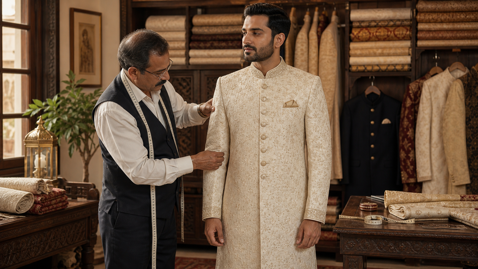 Master tailor fitting an ivory wedding sherwani in a Mumbai atelier